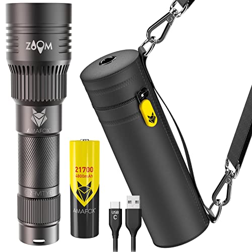 AMAFOX G8-NEO - 2100 Lumen XENON Megabeam Power - LED Taschenlampe Aufladbar - Graphit - Extrem Hell | mit Neopren Tasche, USB C & 21700 Akku von AMAFOX