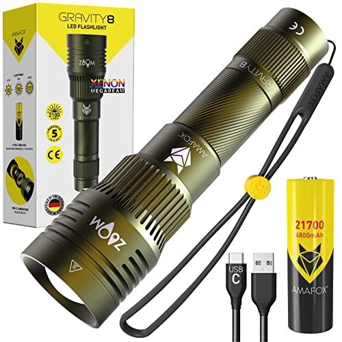 AMAFOX G8 - (2100 Lumen / 21700 mAh Akku) - Modell 2025 | XENON Megabeam LED Taschenlampe - Militärgrün - Extrem Hell | USB-C aufladbar von AMAFOX