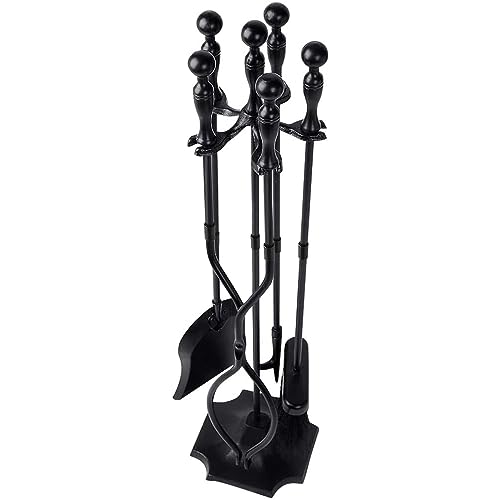 AMAGABELI Garden & Home 5-teilige Kaminbesteck Set Kamingarnitur mit Schmiedeeisen und Innenausstattung Kaminzubehör Kaminständer Feuerzange Schaufel Antikbürste Schornsteinschürhaken Schwarz von Amagabeli Garden Home