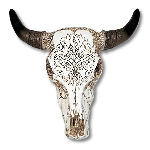 AMAJY Rustikales Tribal-Design, geschnitzt, Western-Stil, weißer Stierkopf, Wandkunst, hängende Skulpturen, Jagddekoration von AMAJY