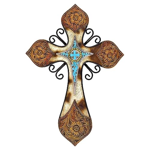 AMAJY Rustikales Western-Stil, Rindsleder, Kunstleder, Wandkreuz mit türkisfarbenem Mittelstück und floralem geprägtem Design, spirituelle Wandkunst, Südwest-Dekor von AMAJY