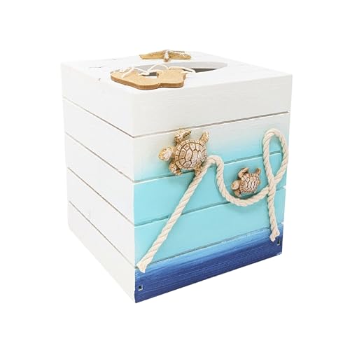 Taschentuchbox aus Holz – rustikale Stranddekoration mit Meeresschildkröten, Seestern, Flip-Flops und nautischem Seil – Ozean-inspirierter Akzent für Badezimmer, Waschtisch oder Schlafzimmer – tolles von AMAJY