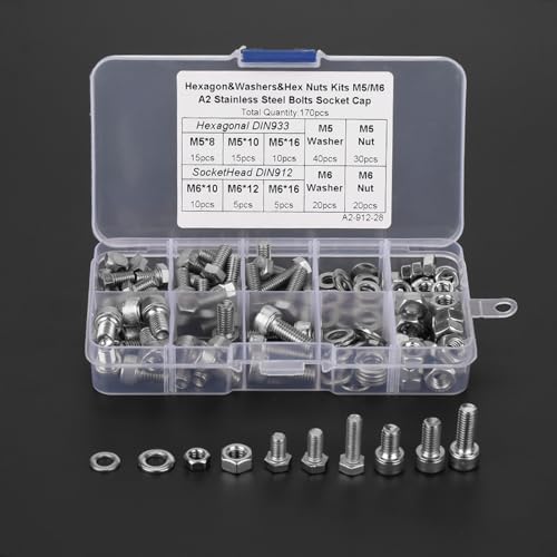 170pcs M5 M6 Edelstahlschrauben Kit, Hex Sockelkappenschrauben mit Muttern Waschmaschinen, für Maschinenelektronik 170pcs M5 M6 Edelstahlschrauben Kit, Hex Sockelkappenschrauben mit Muttern Waschmaschinen, für Maschinenelektronik von AMAKO