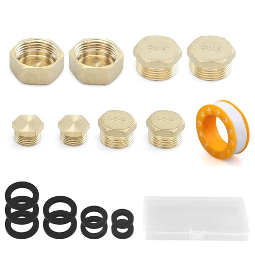 8 Stück Blindstopfen Set, Messing Wasserleitung Mit 8 Stück Unterlegscheiben, 1 Stück Klebeband, 1 Stück Aufbewahrungsbox, Gewindekappe mit Schlauch Unterlegscheiben, Außengewinde und Innengewinde von AMANDELIZABE