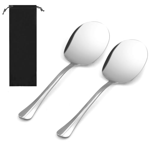 2 Stück Edelstahl Servierlöffel mit 1 Flanelltasche Set, Salatbesteck mit langen Griffen, rostfreie polierte Löffel, große Servierbestecke, Esslöffel für Bankett, Buffet von AMANDELIZABE