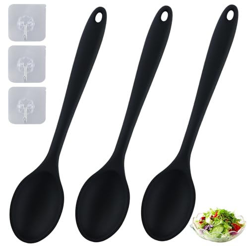 3 Stück Antihaft-Silikonlöffel-Set mit 3 kleinem Haken, Kochlöffel mit langem Griff, Antihaft-Servierlöffel, Rührlöffel zum Rühren, Schaufeln und Mischen (Schwarz) von AMANDELIZABE
