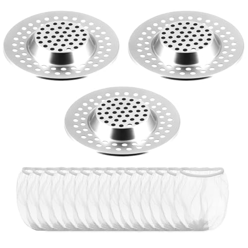 3 Stück Spülbeckensieb mit 15 Stück Einwegspülbeckenfilter, Edelstahl-Abflusssieb, Duschsieb für Küche, Badewanne, Haarsieb (Silber) von AMANDELIZABE