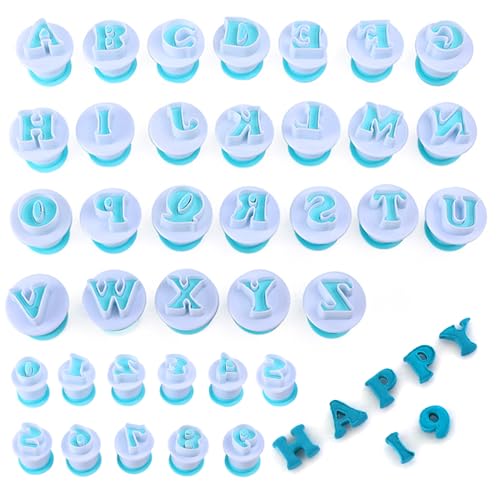 36 Stk Buchstaben Ausstecher FüR Fondant Ausstecher Mit 1 Himmelblauer Silikonspachtel,Zahlen Fondant Ausstecher Backen ZubehöR Alphabet Kuchendekoration BackzubehöR Set Auswerfer Stempel von AMANDELIZABE