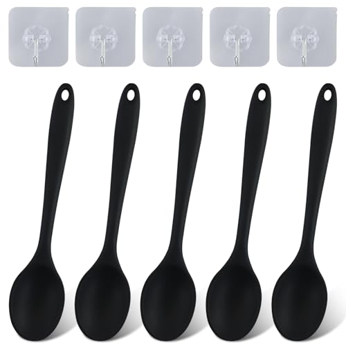 5 Stück Silikonlöffel-Set mit 5 kleinem Haken, Antihaft-Servierlöffel, Kochlöffel mit langem Griff, Rührlöffel zum Kochen, Rühren, Mixen, Backen (schwarz) von AMANDELIZABE