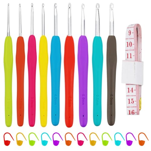 9 Stück Häkelnadel Set,Häkelnadel, mit Ergonomischem Softgriff für Unvergleichlichen Komfort Und Präzise Kontrolle, inklusive Maschenmarkierern - Perfekt für anfänger Und Erfahrene Häkelliebhaber von AMANDELIZABE