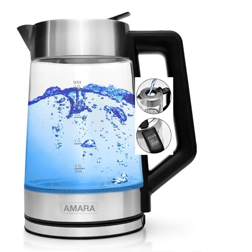 AMARA Wasserkocher Glas mit Temperatureinstellung 2200 Watt 2L besonders leise Temperaturwahl 50-100°C Mit EASY-FILL Befüll-System LED Farbwechsel zeigt Temperatur an von AMARA