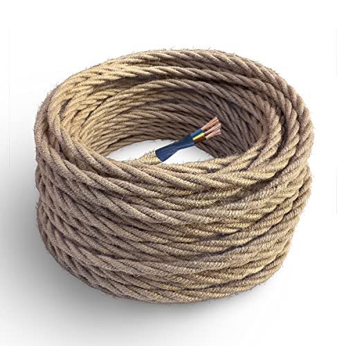 Amarcords - Textilkabel für Lampen JUTE, geflochten, Jute, 20 Meter, mit Erdung 3x0,75 - Stoffkabel mit farbigem vintage Stoff überzogen für Kronleuchter, Wandlampen und Lampenschirme von AMARCORDS