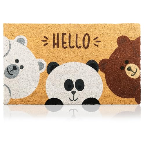 Fußmatte Kokosfaser Hello Bären - 70x40cm - Willkommens Fussmatte mit Antirutsch PVC & Kokos Oberfläche - für Hauseingänge, Flure, Außentüren, Wohnaccessoires - Schlichtes Originaldesign von AMARU DOOR MATS