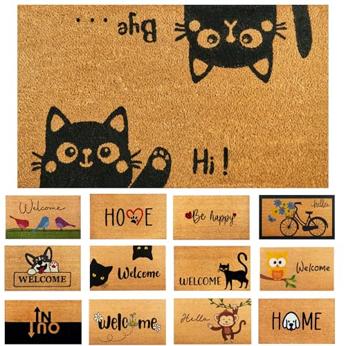 Fußmatte Kokosfaser Hi-Bye Katze - 70x40cm - Willkommens Fussmatte mit Antirutsch PVC & Kokos Oberfläche - für Hauseingänge, Flure, Außentüren, Wohnaccessoires - Schlichtes Originaldesign von AMARU DOOR MATS