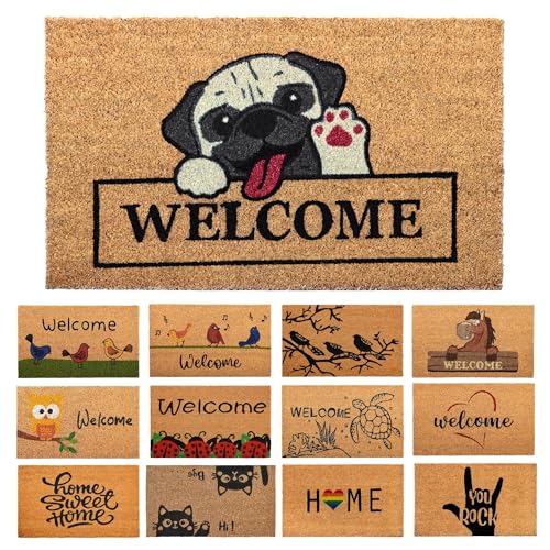 Fußmatte Kokosfaser Hund Welcome - 70x40cm - Willkommens Fussmatte mit Antirutsch PVC & Kokos Oberfläche - für Hauseingänge, Flure, Außentüren, Wohnaccessoires -Schlichtes Originaldesign von AMARU DOOR MATS