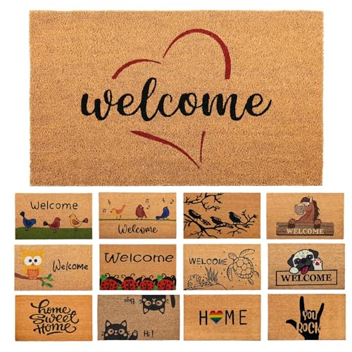 Fußmatte Kokosfaser Welcome Herzstück - 70x40cm - Willkommens Fussmatte mit Antirutsch PVC & Kokos Oberfläche - für Hauseingänge, Flure, Außentüren, Wohnaccessoires - Schlichtes Originaldesign von AMARU DOOR MATS