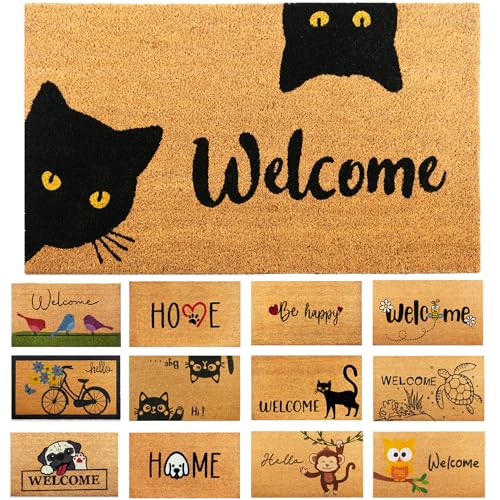 Fußmatte Kokosfaser Welcome Katzen - 70x40cm - Willkommens Fussmatte mit Antirutsch PVC & Kokos Oberfläche - für Hauseingänge, Flure, Außentüren, Wohnaccessoires - Schlichtes Originaldesign von AMARU DOOR MATS