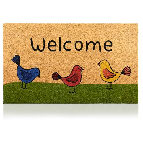 Fußmatte Kokosfaser Welcome Vögel - 70x40cm - Willkommens Fussmatte mit Antirutsch PVC & Kokos Oberfläche - für Hauseingänge, Flure, Außentüren, Wohnaccessoires - Schlichtes Originaldesign von AMARU DOOR MATS