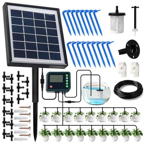AMATHINGS Solar Bewässerungssystem BSV-IC018 Komplettset Tröpfchenbewässerungsystem, Automatische Bewässerungssystem Garten Meter 15 Meter Schlauch für Garten, Balkon Pflanzen, Kübelpflanzen von AMATHINGS