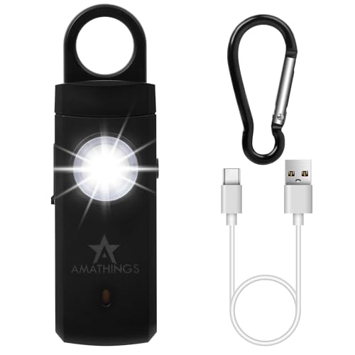 AMATHINGS USB-C Taschenalarm Schwarz 130dB - Wiederaufladbar via USB-C Persönlicher Sicherheitsalarm mit LED-Taschenlampe, Karabinerhaken, Wiederaufladbar für Frauen, Kinder, Selbstverteidigung von AMATHINGS