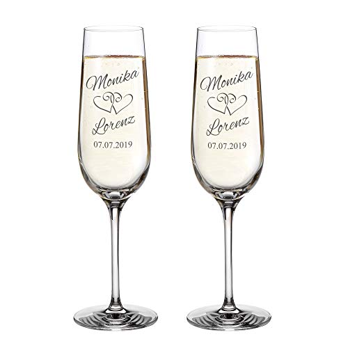 AMAVEL 2er Set Sektglas mit Gravur zur Hochzeit, Herzen, Personalisiert mit Namen und Datum, Sekttuplen, Füllmenge: ca. 0,2 l von AMAVEL