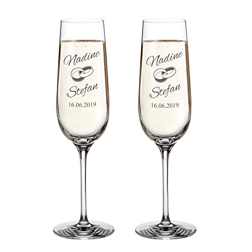 AMAVEL 2er Set Sektgläser mit Gravur zur Hochzeit, Ringe, Personalisiert mit Namen und Datum, Sekttulpen, Füllmenge: ca. 0,2 l von AMAVEL