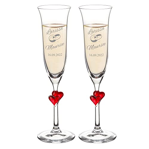 AMAVEL 2er Set Sektgläser mit einem roten Herz und Gravur zur Hochzeit, Motiv Ringe, Personalisiert mit Namen und Datum, Füllmenge: 175 ml von AMAVEL