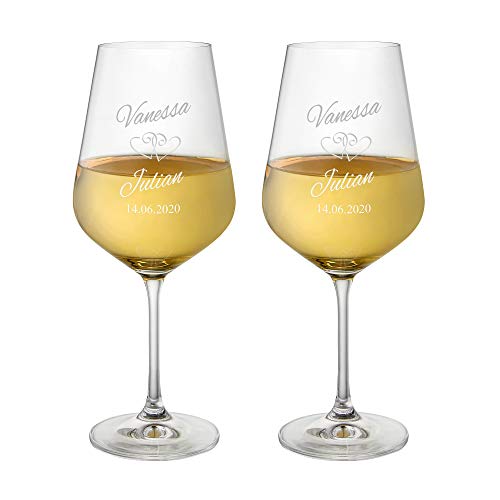 AMAVEL 2er Set Weingläser, Rotweinglas mit Gravur zur Hochzeit, Motiv Herzen, Personalisiert mit Namen und Datum, Füllmenge: 500 ml von AMAVEL