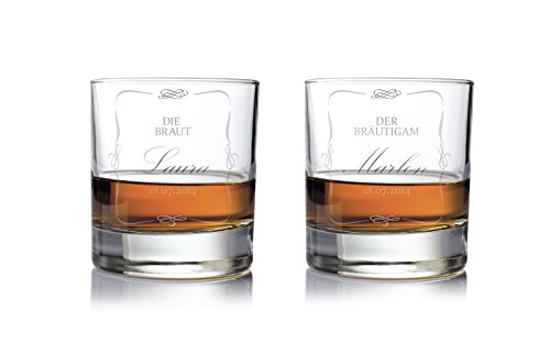 AMAVEL – 2er Set Whisky Gläser mit Gravur „Klassisch“ zur Hochzeit – Motiv Braut und Bräutigam – Personalisiert mit Wunschnamen und Datum – Hochzeitsgeschenke – Füllmenge: 320 ml von AMAVEL