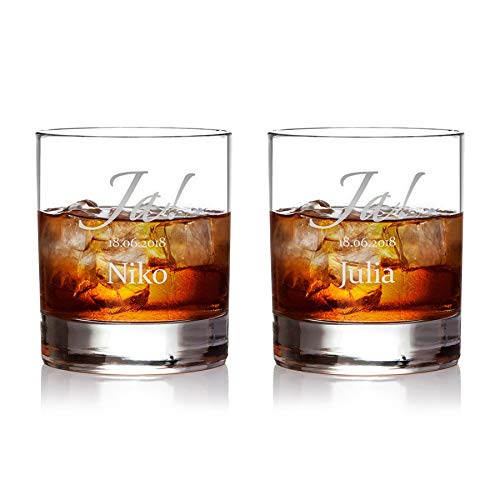 AMAVEL 2er Set Whisky Gläser mit Gravur zur Hochzeit, Motiv Ja!, Personalisiert mit Wunschnamen und Datum, Füllmenge: 320 ml von AMAVEL