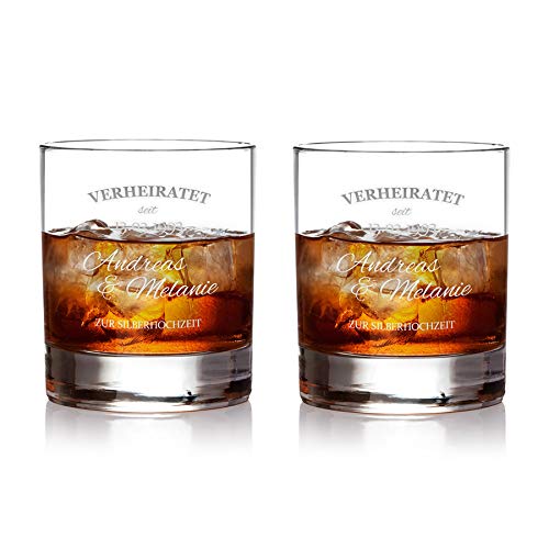 AMAVEL 2er Set Whiskygläser, Silberhochzeit, Whiskyglas mit Gravur, Personalisiert mit Namen und Datum, Whiskygläser Tumbler, Geschenke für Ehepaar 25. Hochzeitstag, 320 ml von AMAVEL