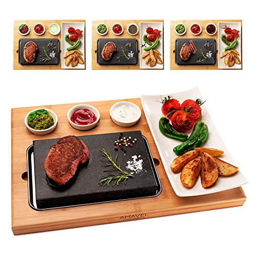 AMAVEL 4er Set Lavastein Steakbretter, Heißer Stein-Grill mit Saucenschälchen und Keramik-Platte, Bambusbrett mit Hot Stone Grill, BBQ Steinplatte, Steak Grillplatte, Lavastone Grill Set, Tischgrill von AMAVEL