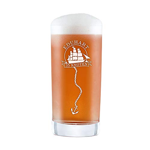 AMAVEL Longdrinkglas mit maritimer Gravur, Kapitän mit Segelschiff und Anker, Personalisiert mit Name und Alter in Knoten, Füllmenge: 0,5 l von AMAVEL