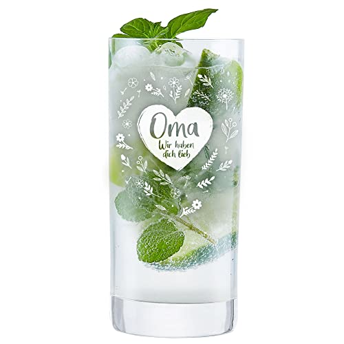 AMAVEL Wasserglas für Oma, Trinkglas mit Gravur Blumenherz, Herz Glas Geschenkidee, Saftglas Küchenzubehör, Geburtstagsgeschenk für Frauen, Graviertes Geschenk für Großmütter, 500 ml von AMAVEL