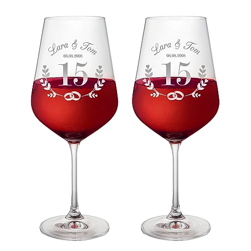 AMAVEL Weingläser mit Gravur zur Kristallhochzeit, 2er Weingläser Set, Personalisierte Weißweingläser, Geschenke zur Kristallhochzeit, 500ml Weinglas Set, Rotweingläser, 15 Hochzeitstag Geschenk von AMAVEL