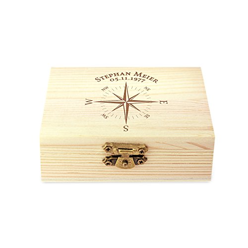 AMAVEL Whiskysteine in Holzbox mit Kompass Gravur, Personalisiert mit Name und Datum, 9 geschmacksneutrale und Wiederverwendbare Kühlsteine von AMAVEL