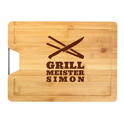 Schneidebrett mit Metallgriff, Personalisiertes Servierbrett für Grillmeister, Grill Geschenke für Männer, Bambusholzbrett mit Gravur, Grillbrett für Männer, Küchenzubehör für Genießer von AMAVEL