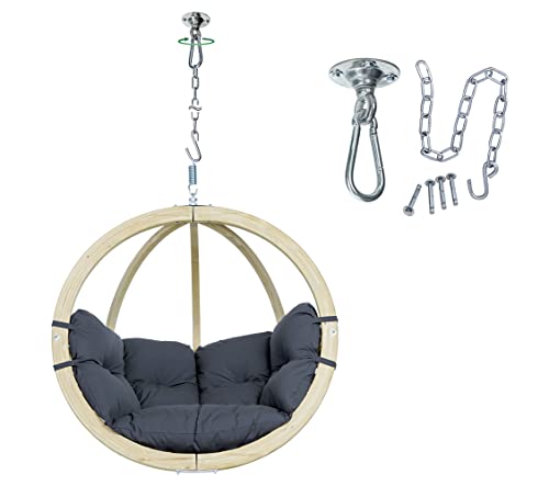 AMAZONAS Hängesessel Set: Globo Chair Anthracite + Deckenhaken Power Hook | Set in edlem Design aus FSC Fichtenholz bis 120 kg in Dunkelgrau von AMAZONAS