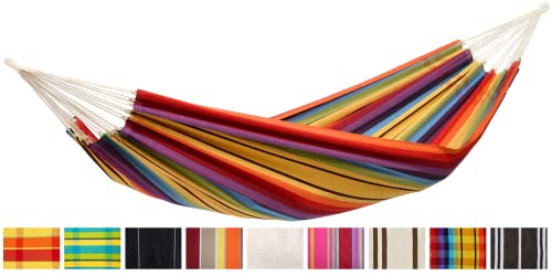 AMAZONAS Klassische Hängematte XL Barbados Rainbow handgefertigt in Brasilien bis 200 kg Belastbarkeit mit 230 x 150 cm für 1-2 Personen in Buntgestreift Gesamtlänge 340 cm von AMAZONAS
