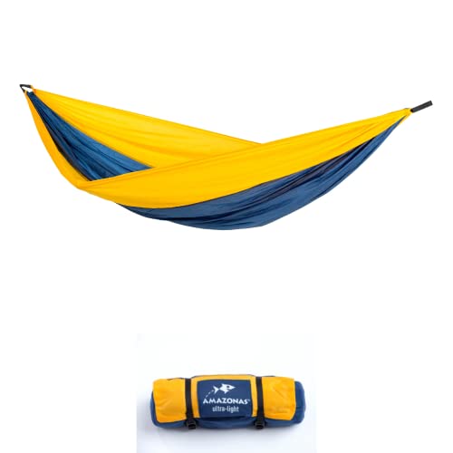 AMAZONAS Ultra-Light Hängematte Adventure Hammock XXL Nemo - Die leichteste Supersize Hängematte der Welt 350g 320x 230 cm Packmaß 24 x 7cm bis 200 kg in Gelb-Blau von AMAZONAS