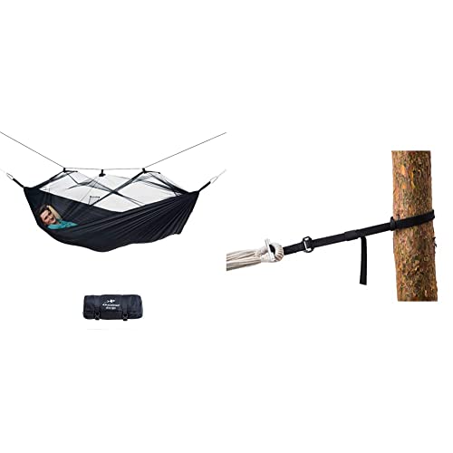 AMAZONAS Ultra-Light Hängematte Moskito Traveller Extreme 500g 275cm x 140cm, in Schwarz & T-Strap Aufhänge Set für alle Hängematten baumschonend 15-220 cm und bis 200 kg pro Aufhäung von AMAZONAS