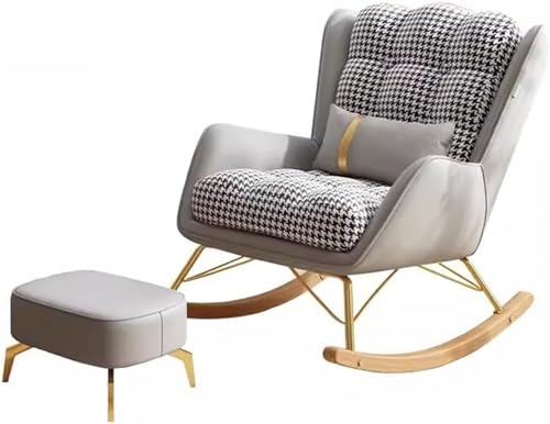 AMAZWI Freizeit-Schaukelstuhl-Und Fußhocker-Set Mid-Century-Liegestuhl mit Lendenkissen, Gepolsterter Breiter Sitz for Wohnzimmer(Lignt Grey 2,Ottoman) von AMAZWI