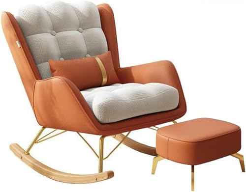 AMAZWI Freizeit-Schaukelstuhl-Und Fußhocker-Set Mid-Century-Liegestuhl mit Lendenkissen, Gepolsterter Breiter Sitz for Wohnzimmer(Orange 1,Ottoman) von AMAZWI