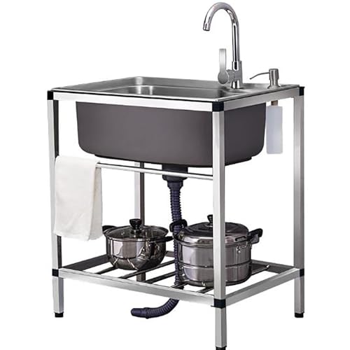 AMAZWI Großes Einzelbecken-Küchenspülbecken Freistehend Edelstahl mit Filter Und Ablagefächern for Waschküchen Innen- Und Außenbereich(Cold Faucet,70 * 46cm) von AMAZWI