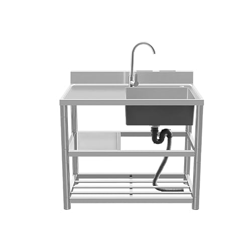 AMAZWI Großes Einzelbecken-Spülbecken Edelstahl Außenbereich mit Warm- Und Kaltwasserhahn Und Abtropfgestell Handwaschstation mit 1 Fach(Left Cold,80x50x80cm) von AMAZWI