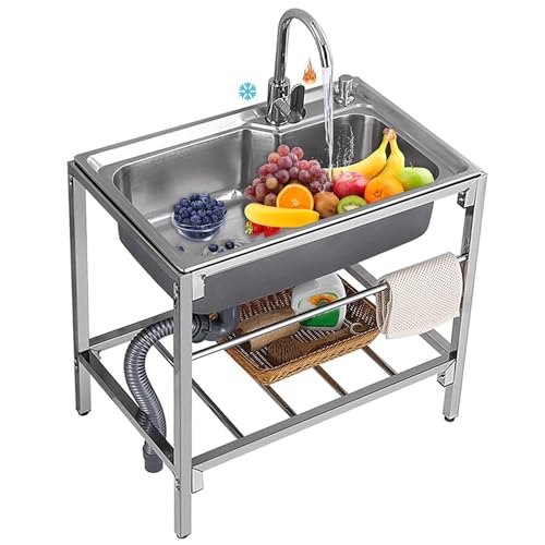 AMAZWI Außenspüle Einzelbecken-Gewerbespüle Edelstahlwaschbecken Küchenspüle Mit Standhahn for Restaurant, Gewerbliche Gastronomie, Innengarage, Garten von AMAZWI