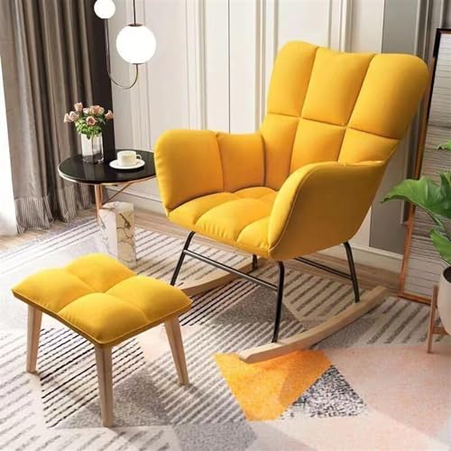 AMAZWI Moderner Gepolsterter Schaukelstuhl mit Hoher Rückenlehne, Stoffschaukelstuhl Mit Fußhocker Sessel-Loungesessel Im Wohnzimmer-Schlafzimmer-Loungebereich (Color : Yellow) von AMAZWI