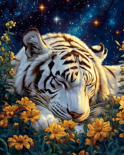 AMBATTERY DIY Handarbeit Setcartoon-Blumen Und Weiße Tigertiere Knüpfteppich Zum Selber Knüpfen Erwachsene Anfänger Knüpfen Set Kissen Knüpfkissen Mit Vordruck Handarbeit Kit 21x29in von AMBATTERY