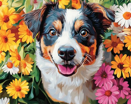 AMBATTERY DIY Handarbeit Setcartoon-Hundetiere Und Blumen Knüpfteppich Set Erwachsene Groß Knüpfsets Latch Hook Kit Selbst Knüpfen Für Farbmuster Vorbedruckt 52x38cm von AMBATTERY