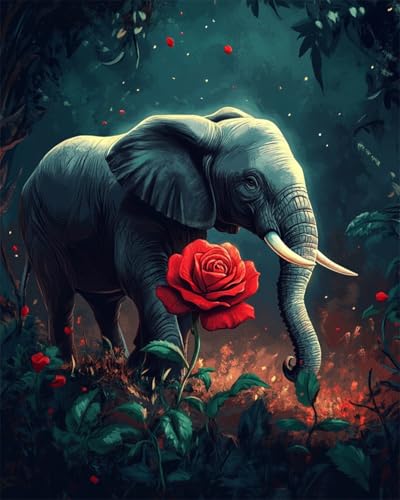 AMBATTERY DIY Handarbeit Setfantasie-Elefant Und Rote Rosenblüten Knüpfteppich Set Erwachsene Groß Knüpfsets Latch Hook Kit Selbst Knüpfen Für Farbmuster Vorbedruckt 23x35in von AMBATTERY